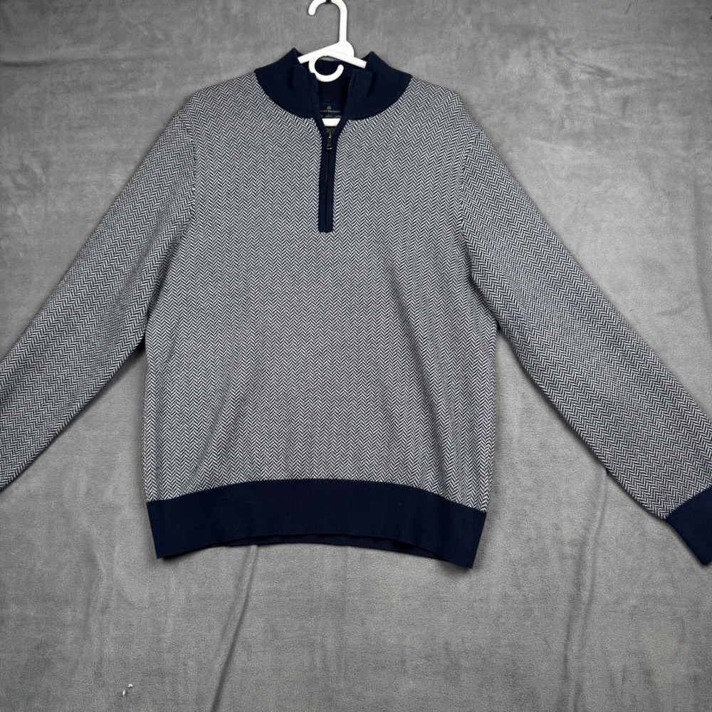 Brooks Brothers Mens Navy Herringbone 100% Cotton Quarter‎ Zip Sweater Large